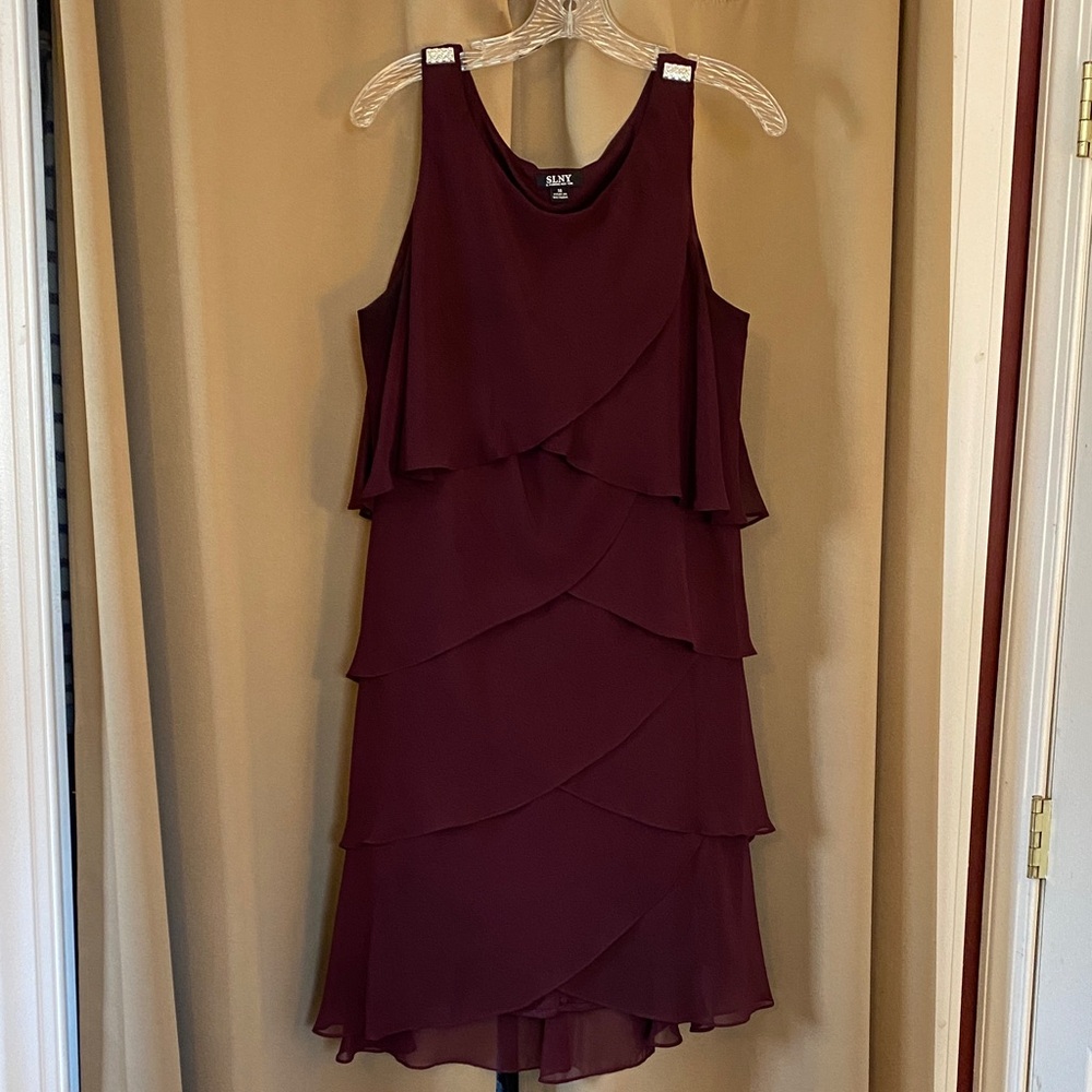 SLNY Layered Chiffon Midi Dress in Burgundy